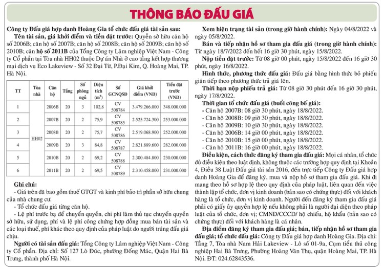 Ngày 18/8/2022, đấu giá quyền sở hữu căn hộ tại quận Hoàng Mai, Hà Nội ảnh 1