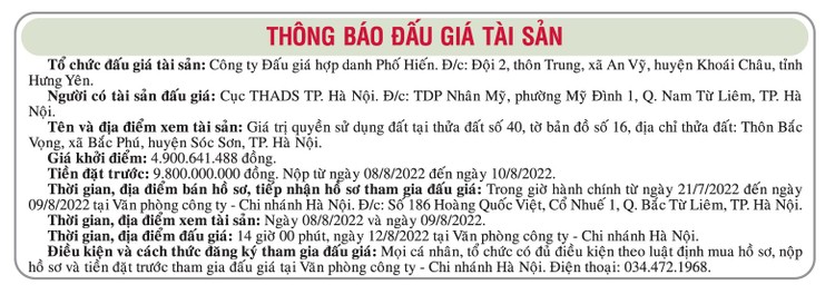 Ngày 12/8/2022, đấu giá quyền sử dụng đất tại huyện Sóc Sơn, Hà Nội ảnh 1