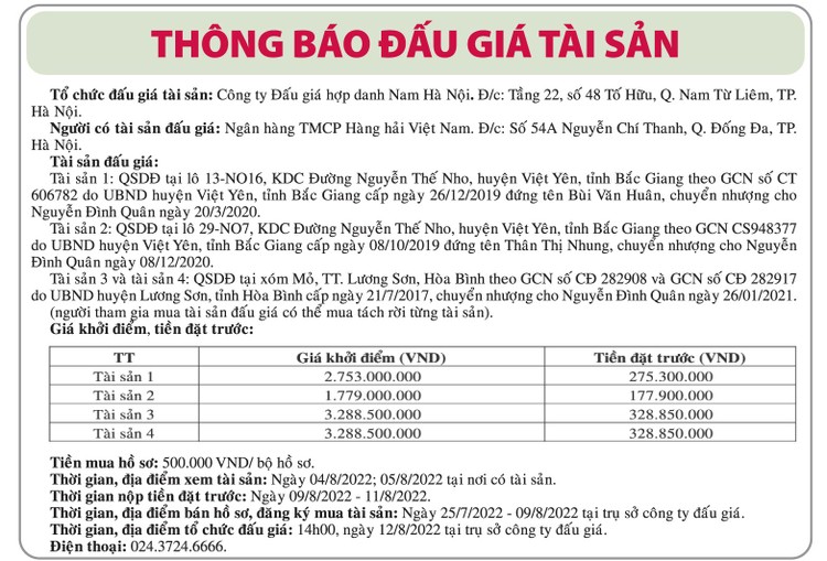 Ngày 12/8/2022, đấu giá quyền sử dụng đất tại huyện Việt Yên (Bắc Giang) và huyện Lương Sơn (Hòa Bình) ảnh 1