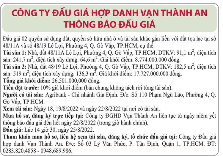 Ngày 25/8/2022, đấu giá quyền sử dụng đất tại quận Gò Vấp, TP.HCM ảnh 1