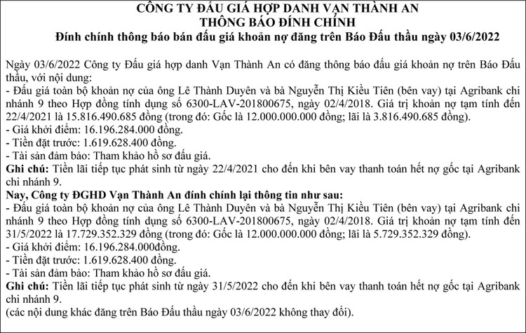 Ngày 23/6/2022, đấu giá toàn bộ khoản nợ của ông Lê Thành Duyên và bà Nguyễn Thị Kiều Tiên tại Agribank Chi nhánh 9 ảnh 1